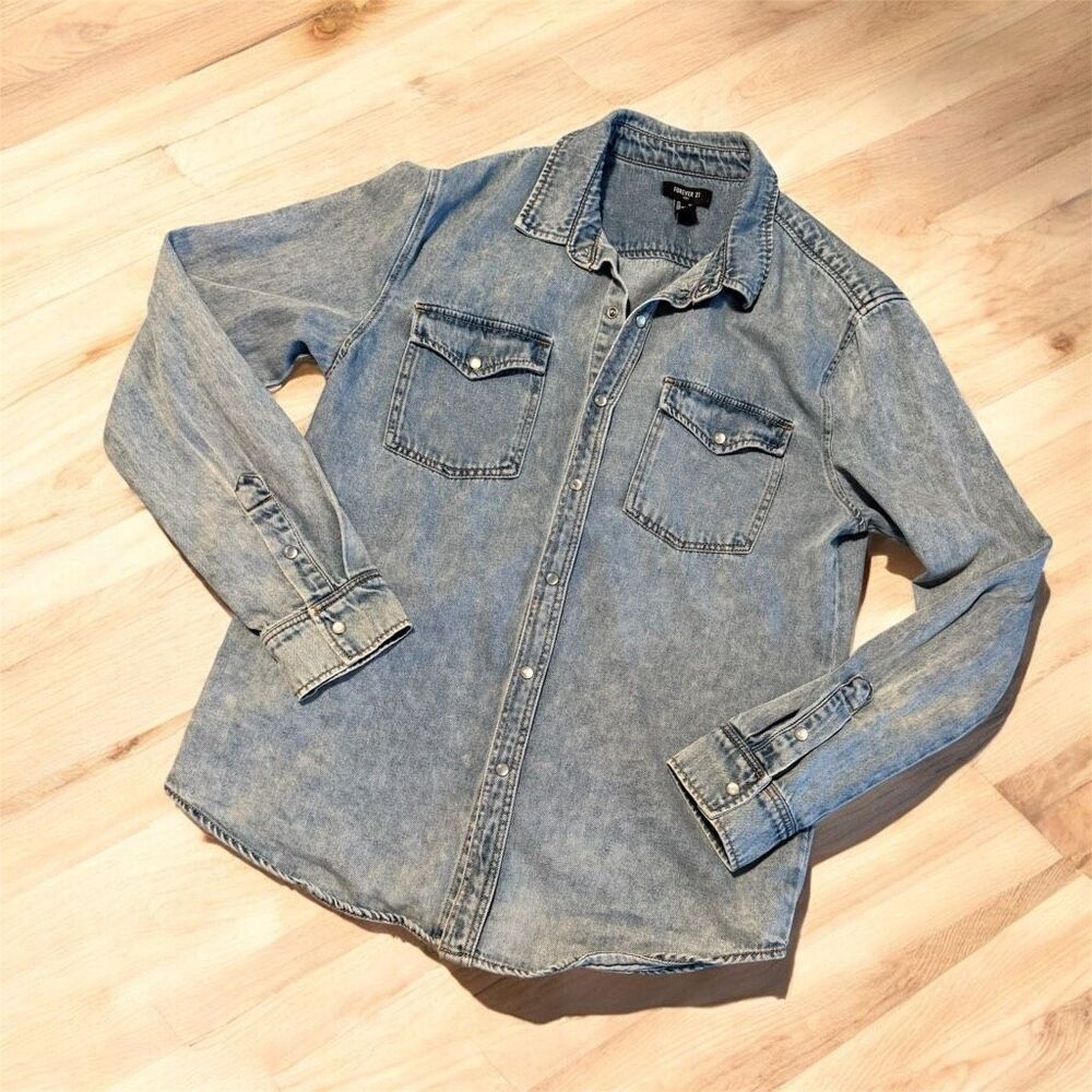 Forever 21 Men Denim Jean Jacket Shirt Snap Western Medium M